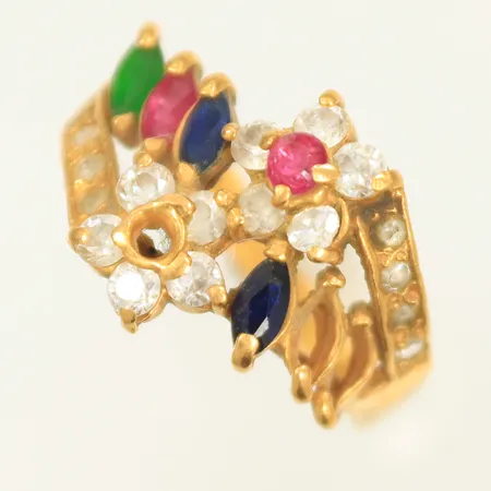 Ring med färgade stenar, stl ca15½, bredd 2-12mm, saknar stenar, ojämn skena defekt, 22K, bruttovikt 4,3g