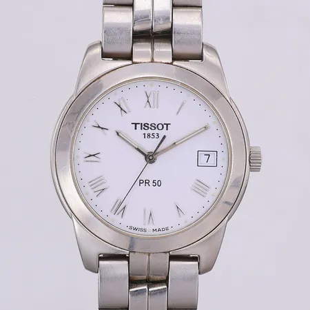 Herrur Tissot PR50 Ø36mm quartz, datum, stål, länk 17,5cm, behov av batteribyte