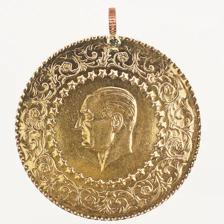Mynt Ataturk, Ø40mm, ögla i oädel metall, 21K Vikt: 17,6 g