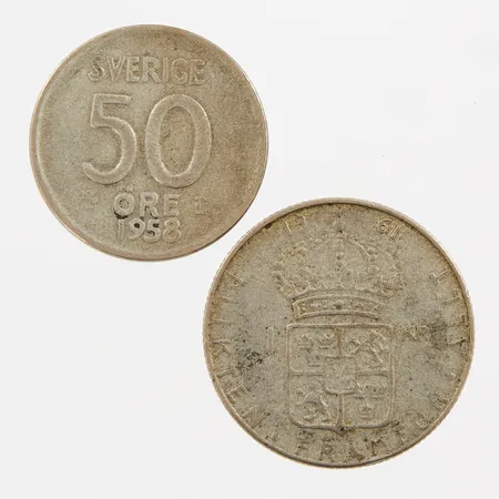 Mynt, en 1-krona 1961, en 50-öring 1958, silver 400/1000 Vikt: 11,6 g