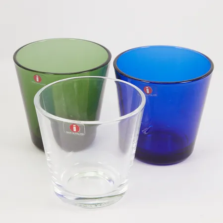3 Dricksglas Iittala, Kartio, design: Kaj Franck, 21cl, höjd: 8cm, Ø 8cm, klarglas, grön, blå Skickas med paket.