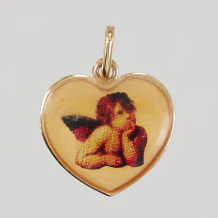 Hänge hjärta med inplastad motiv av ängel, ca 18x24mm, GHA 18K Vikt: 1,4 g