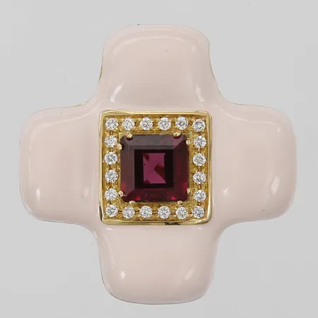 Hänge med rodolitgranat ca 3,30ct, briljantslipade diamanter 20 x ca 0,02ct, samt rosa emalj, italienska stämplar, mått 34 x 34mm, 18K guld Vikt: 16,5 g