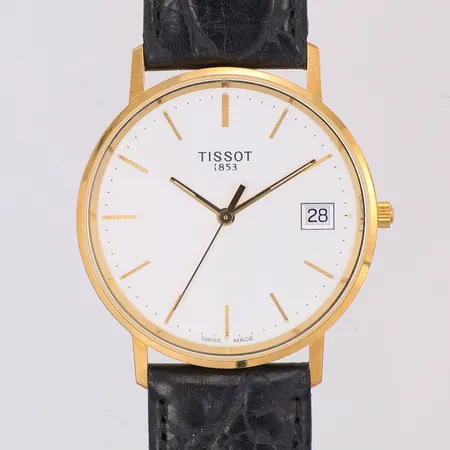 Herrur Tissot quartz Ø33,5mm 18K, läderband, oanvänd, står still, låda etui