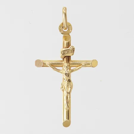 Hänge krucifix, 33x18mm ink ögla, ihålig, 14K.  Vikt: 1,1 g
