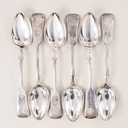 Kaffeskedar 6st, längd 12,2cm, gravyr, etui, silver 813/1000 Vikt: 55,7 g