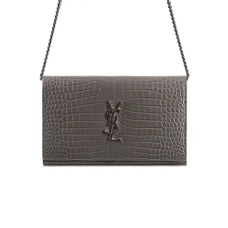 Väska, Yves Saint Laurent, Classic Chain Wallet, präglat skinn med grå nyans, detaljer av kromad metall, ca 20x14x3,5cm, kvitto, kartong, dustbag, smärre bruksslitage, mindre märken och någon svag fläck invändigt. 