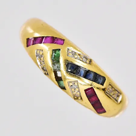 Ring klippt defekta färgade stenar en saknas, 18K Vikt: 5,2 g