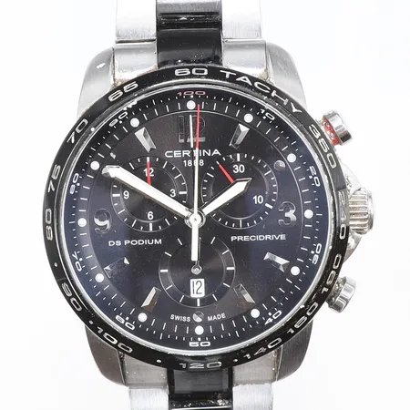 Herrur Certina DS Podium Big Size Ø44mm, ref nr. C001.647A, quartz, kronograf, länk i stål, slitage 