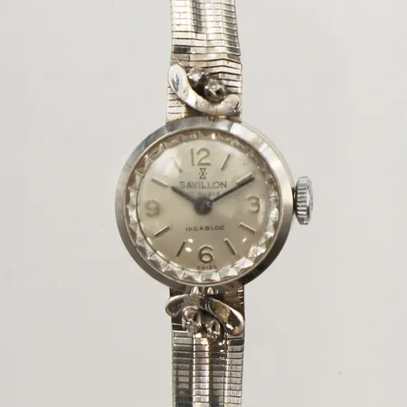 Damur Savillon 18K, manuell, 17mm, vita stenar, skadad integrerad vitguldslänk 18K, längd 17cm, repigt plexiglas, bruttovikt 16,1g