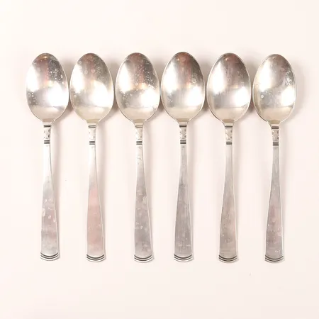 Sex bordsskedar, modell Rosenholm, GAB, Eskilstuna, längd 18cm, slitage, silver.  Vikt: 244,9 g