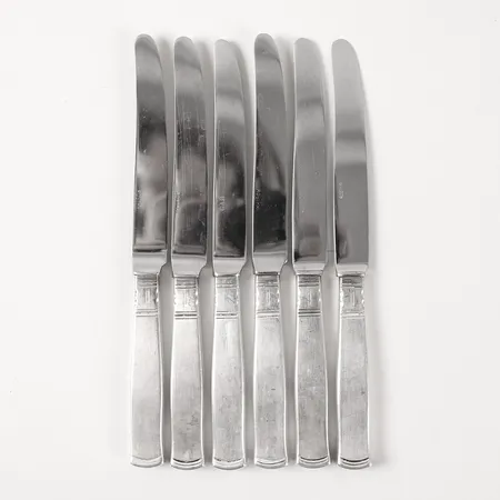 Sex Bordsknivar, modell Rosenholm, längd 20cm, slitage,  830/1000 silver samt stålblad, bruttovikt 386,1g Vikt: 386,1 g