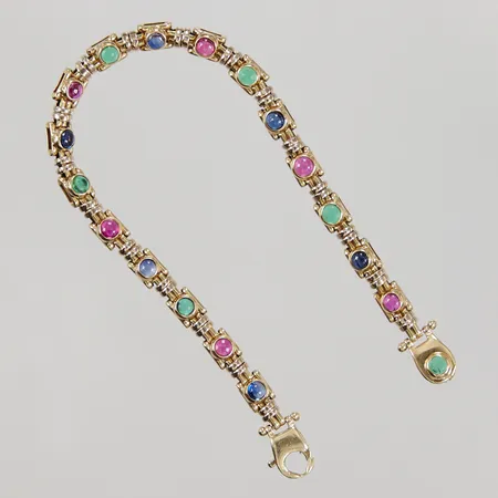 Armband, cabochonslipade färgade stenar, längd ca 20cm, bredd ca 5,4mm, bruksslitage, italiensk 18K Vikt: 19,4 g