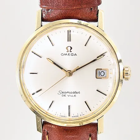 Herrur Omega Seamaster De Ville, stål, manuell, Ø34mm, datum, plexiglas, läderband ej original med slitage, något repig boett, mindre repor på glas