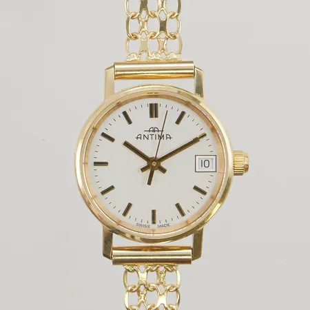 Damur, Antima Quartz Ø21,8mm, går ej, 18K graverad med länk 16,5cm bredd:7,8mm, i 18K bruttovikt 18,8g Vikt: 18,8 g