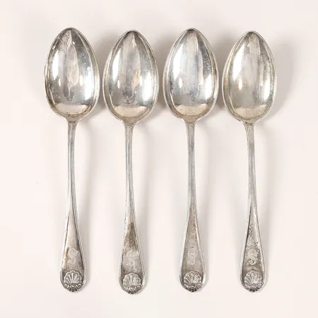 Fyra matskedar, norska stämplar, monogram, längd 22cm, slitage, 830/1000 silver. Vikt: 236,9 g
