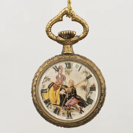 Mormorsur Elgin, manuell, gulmetall, 34mm, klockkedja i gulmetall.