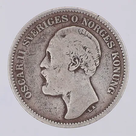 Mynt Oscar II 1878, nominellt värde 2kr, 800/1000 silver Vikt: 14,5 g