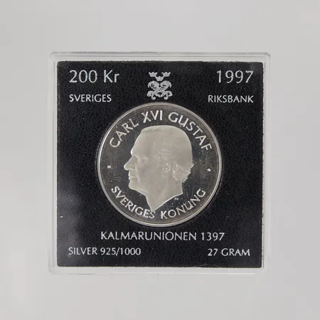 Mynt Kalmarunionen 1397, 1997, nominellt värde: 200kr, plastetui, 925/1000 silver Vikt: 27 g
