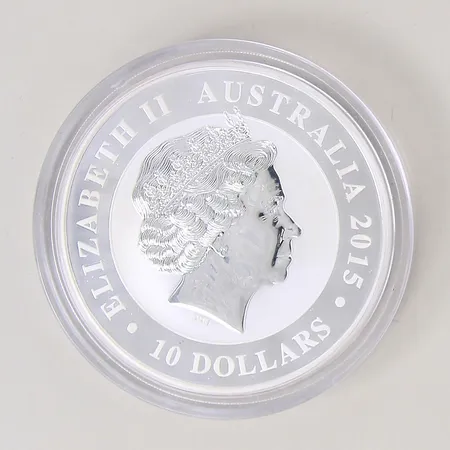 Mynt, Elizabeth II Australia 2015, 10 Dollars, Australian Kookaburra, 10OZ, år 1990-2015, Ø75mm, plastetui, silver 999/1000 Vikt: 311,9 g