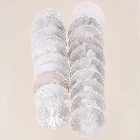 Mynt, 20 stycken, United States Of America, One Dollar, 1OZ, Liberty, In God We Trust, Ø40,5mm, år 2015, plastetui, silver 999/1000 Vikt: 625,5 g