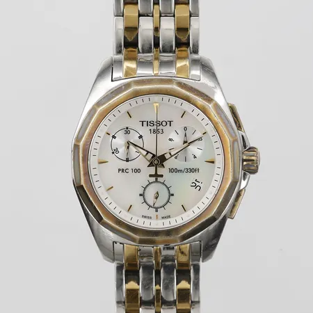 Damur Tissot PRC 100, stål/gulmetall, ref-nr:T008217A, serie-nr:12BC0179708, Ø32mm, pärlemorurtavla, batteribyte krävs, box.