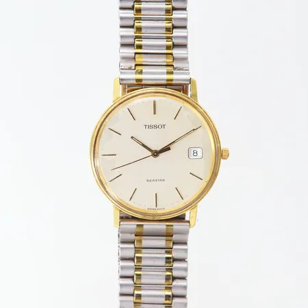 Herrur Tissot Seastar, 18K, quartz, Ø34mm, datum, länk i stål/doublé, skadad urtavla, inga tillbehör.
