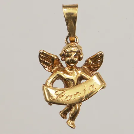 Hänge ängel, längd 22mm inklusive ögla, bredd 12mm, gravyr, 18K  Vikt: 2,7 g