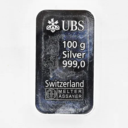Silvertacka UBS Switzerland, Melter Assayer, bruten plombering, silver 999/1000 Vikt: 100 g