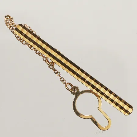 Slipshållare, längd 49,5mm, bredd 4mm, säkerhetskedja, 18K  Vikt: 4,3 g