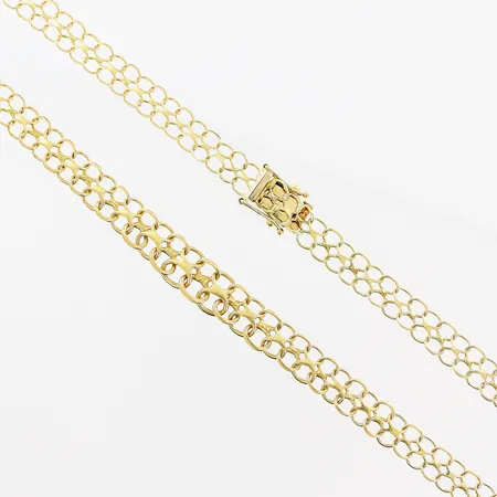 Collier, doserad X-länk, 42,8cm, bredd 6-8mm, skevheter, GFAB, 18K.  Vikt: 11,7 g