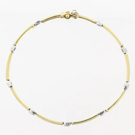 Armband, halvstelt, 18,9cm, bredd 3mm, vit/gulguld, bucklor, 14K.  Vikt: 7,6 g