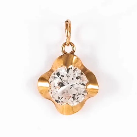 Hänge i 18K guld med en vit sten (fin lyster). Det är 16 mm långt inkl. ögla och väger 0,6g.