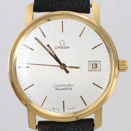 Herrur Omega Seamaster Ø 34mm, 14K, quartz,, datum, slitet läderband, spänne original, gravyr, står stilla, batteribyte krävs