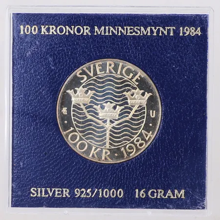 Minnesmynt Ø32mm, 100kr, Förtroende, säkerhet, nedrustning, Stockholm, Europa, år 1984, plastetui, silver 925/1000 Vikt: 16 g