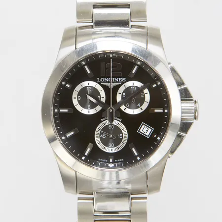 Herrur Longines Conquest, stål, quartz, 41mm, ref: L3.660.4, snr: 36259010, safirglas, kronograf, datum, stållänk, viklås, extra länkbitar, certifikat, manual, box. Vikt: 0 g