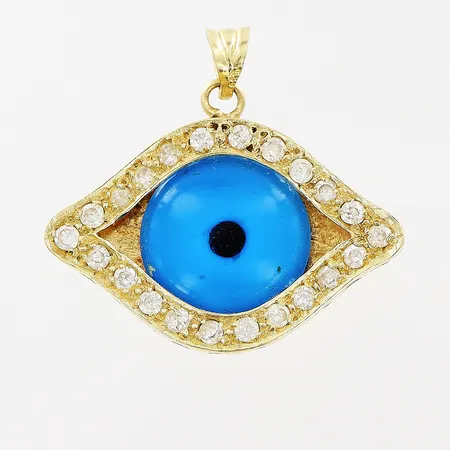 Hänge, blå öga, vita stenar, 25x28mm, tillverkningsdefekter, 14K. Bruttovikt: 4,9gram.  Vikt: 4,9 g