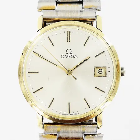 Herrur Omega 14K, manuell, Ø33mm, verk nr 41 479625, caliber 1030, boett nr 1211/1329051-1, gravyr, repor på glas, stållänk med slitage ej original, slitage på  uppdragskrona,  bruttovikt 66,5g, inga tillbehör.