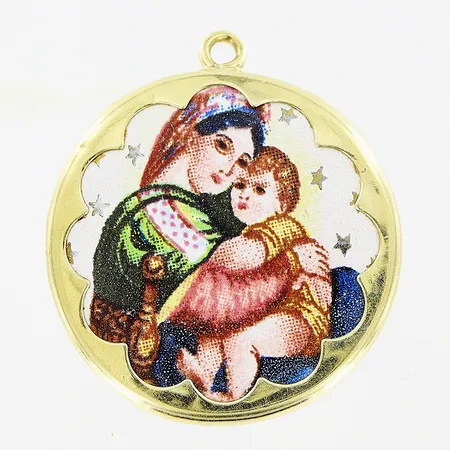 Hänge, porslinplatta, Ø20mm, ögla saknas, ram i 14K. Bruttovikt: 3,5gram.  Vikt: 3,5 g