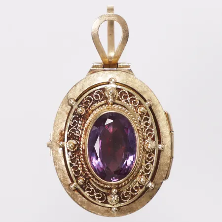 Hänge medaljong, lila sten, 53mm, dekor på baksidan, 14K  Vikt: 19,9 g