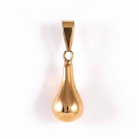Hänge solid droppe i 18K guld. Det är 20,7 mm långt inkl. ögla och väger 3,1g. Stämplat BEH (Bengt Hallberg Guldsmeds AB) 18K Kattfot.