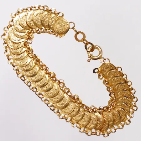 Armband myntliknande hängen, 18-19cm, bredd 14mm, buckligt, 21K Vikt: 9,5 g