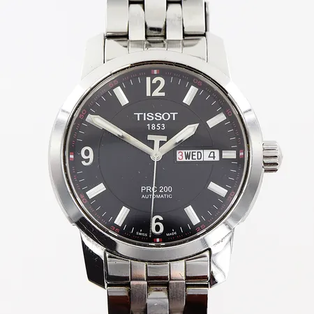 Herrur Tissot PRC 200, stål, automatisk, Ø39mm, dag, datum, sekundvisare, länk 18,5cm, förlängning av länkens lås ej original (glappar), inga tillbehör.