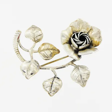 Brosch ros med kvist, 48x48mm, silver 830/1000 Vikt: 8,5 g