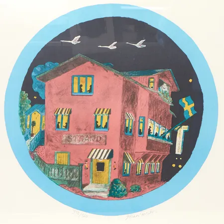 Tavla av Göran Folcker, Strandrestaurang, färglitografi, signerad och numrerad 338/360, bildmått Ø ca 35mm, rammått 51x53cm Skickas med postpaket.