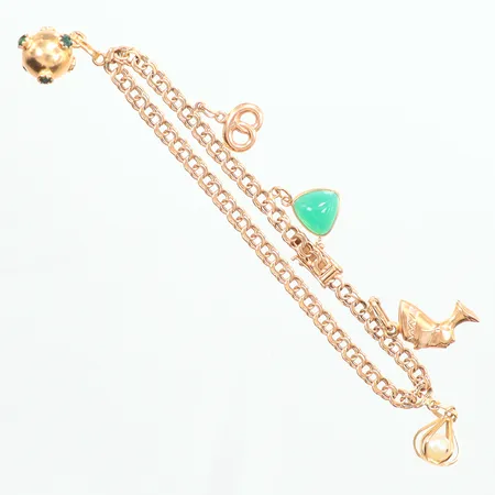 Armband Bismarck fem berlocker längd 19,5cm, bredd 3,9mm, gröna stenar, år 1959, kistlås, 18K Vikt: 11,5 g