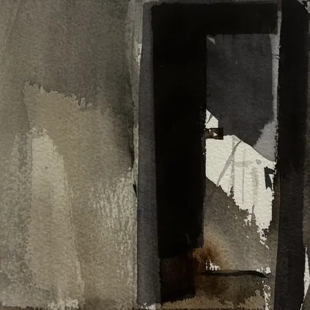 Tavla, akvarell, Dörrar i ödehus, signerad Hasse Karlsson f.1952, 1999, bildmått ca26x17cm, slitage på ram. Skickas med postpaket.