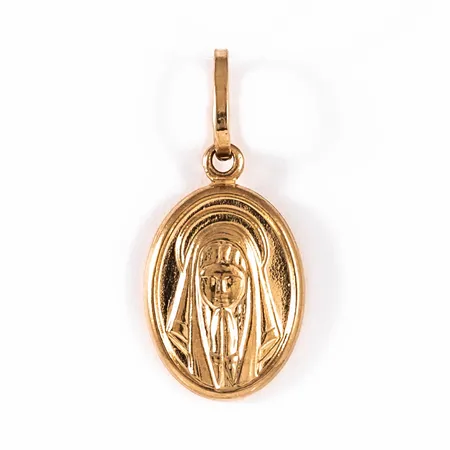 Hänge madonna i 18K guld. Det är 25 mm långt inkl. ögla och väger 1,2g. Slät baksida.
