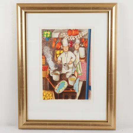 LENNART JIRLOW restaurangkök färglitografi, signerad och numrerad 19/285.Ur mappen "Au revoir le vingtième siècle", tryckt hos Mourlot i Paris, 1997. Bildyta 41x30 cm. Rammått 70x55 cm. Skickas med Bussgods eller PostNord