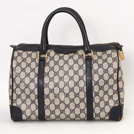 Väska Gucci Boston marinblå GG canvas med läderdatljer, 16x22x33cm, hårt slitage, inga tillbehör